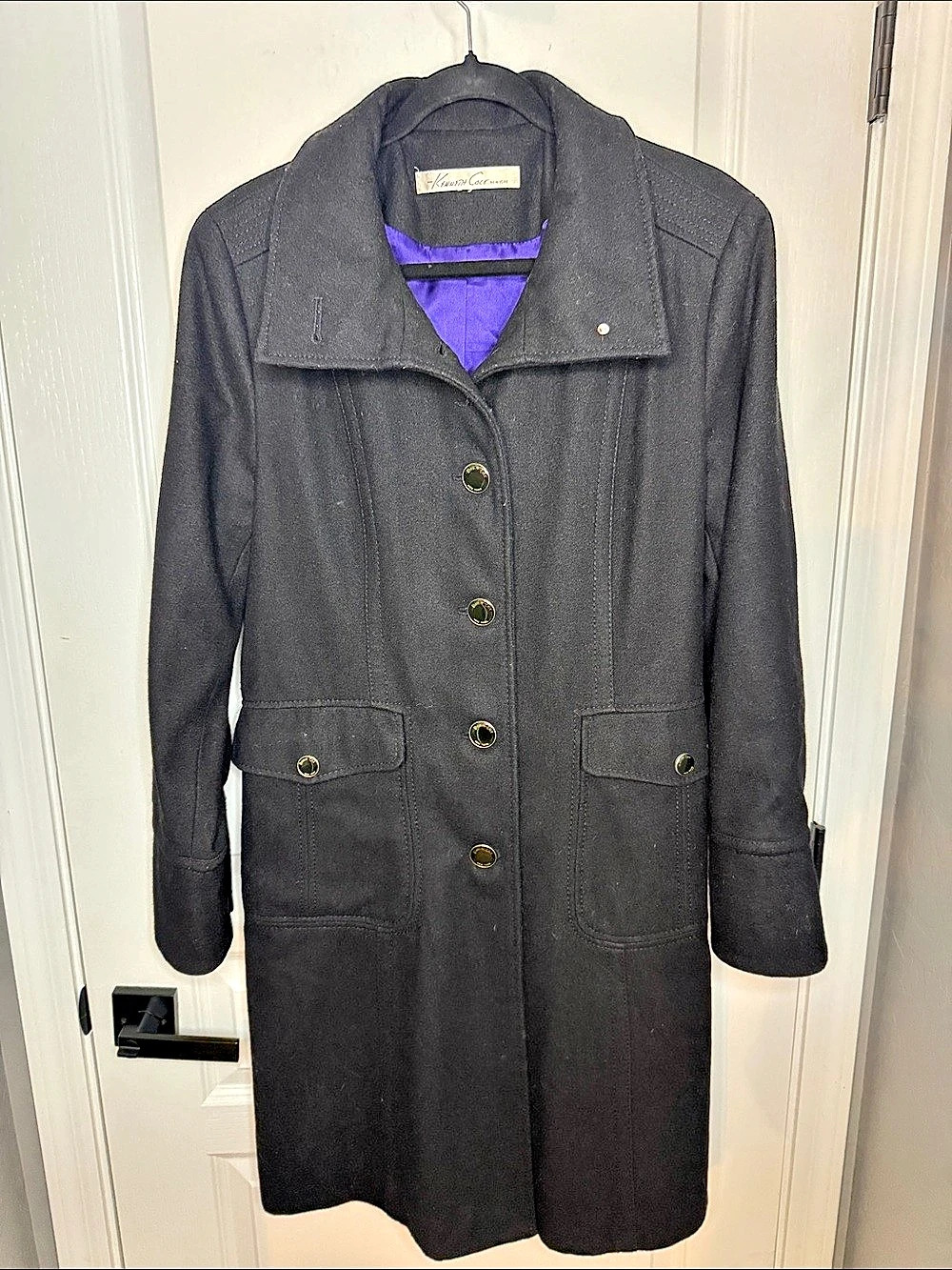 Kenneth Cole Wool Blend Trench Coat in Black & Purple Like New